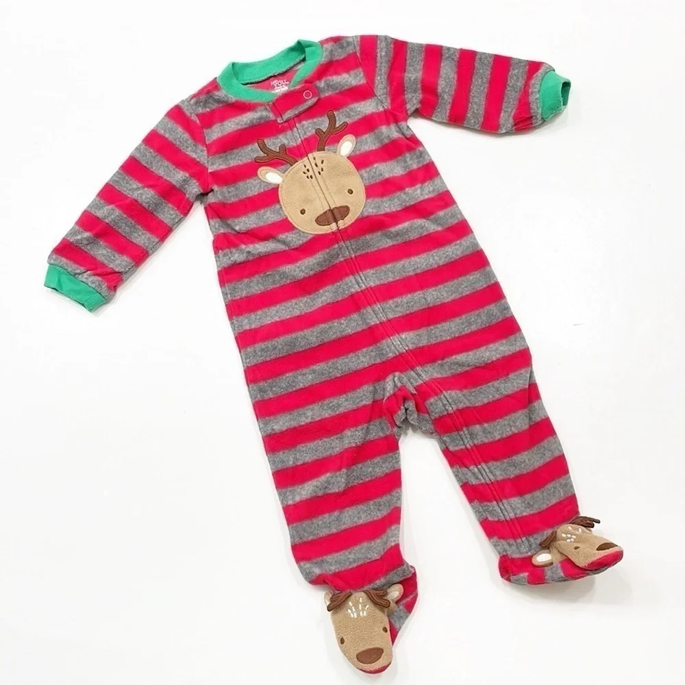 Carter's baby boys striped reindeer print fleece zip up footie